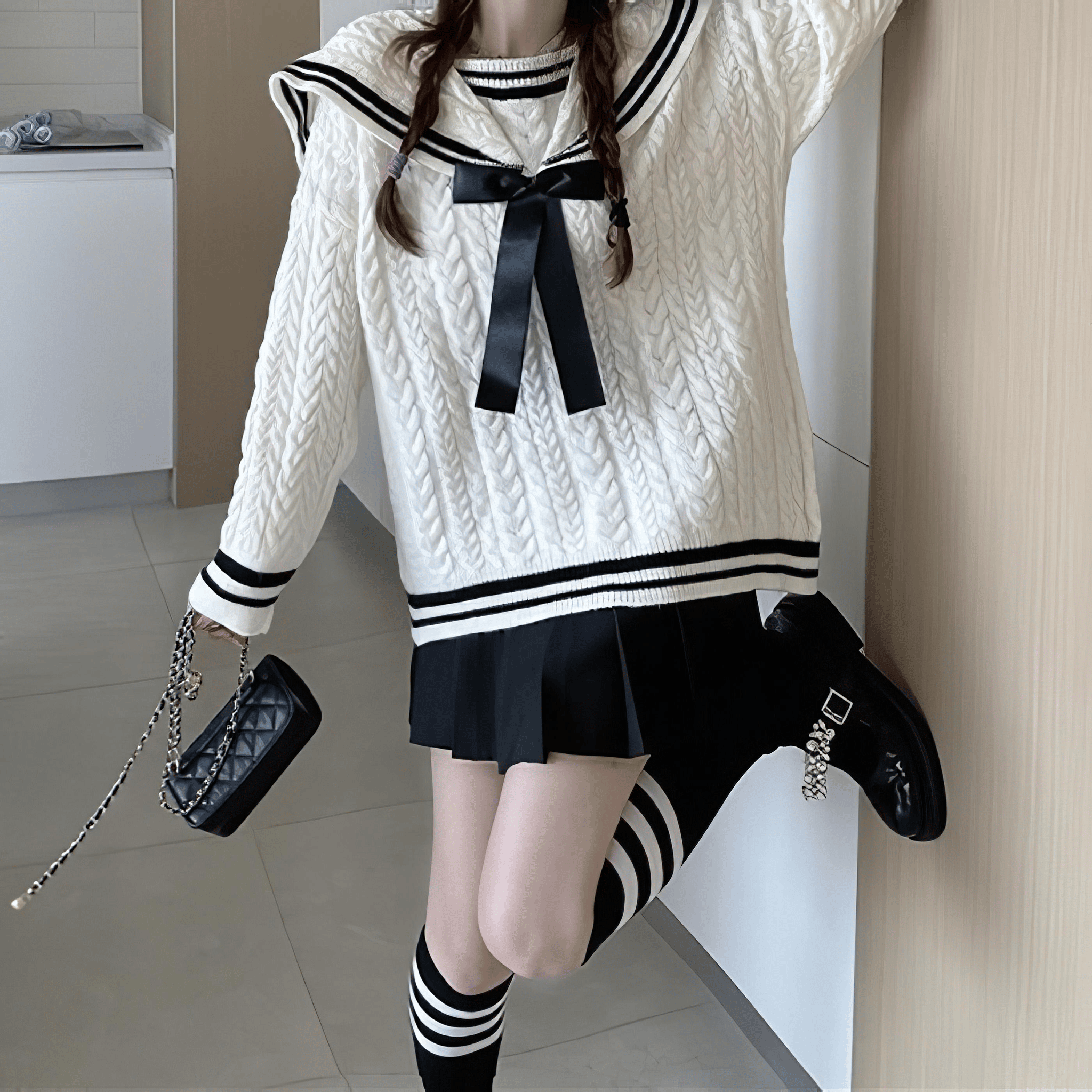 セーラーカラーケーブルニットセーター◆セーター ガーリー系 S、M、L、XL、XXL