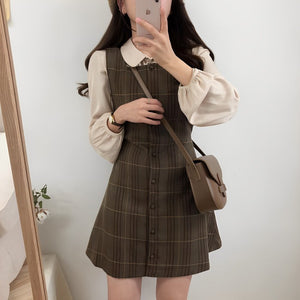 チェック柄ワンピース+バフスリーブシャツ◆セットアップ S、M、L、XL