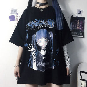 イラストプリントTシャツダークガールver◆トップス Tシャツ M、L、XL