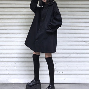 フード付ルーズブラックコート◆アウター S、M、L