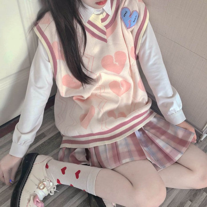 シャツ+スカート+ハート柄ベスト3点セット(6)◇ベストセット 学生服 S ...