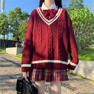 シャツ+チェック柄スカート+リボンタイ+セーター4点セット(7)◆セットアップ S、M、L、XL、XXL、XXXL