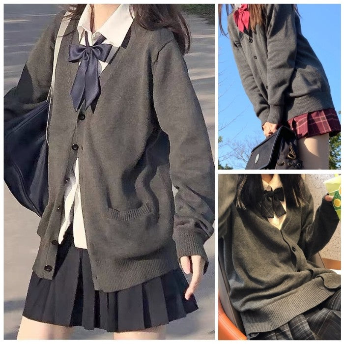 シャツ+スカート+リボンタイ+カーディガン4点セット(11)◆カーディガンセット 学生服 S、M、L、XL