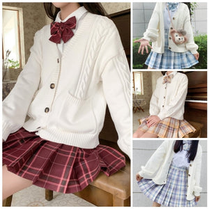 シャツ+チェック柄スカート+リボンタイ+カーディガン4点セット(22)◆セットアップ XS、S、M、L、XL、XXL