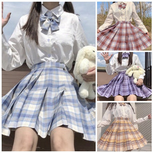 【サービス品】シャツ+チェック柄スカート+リボンタイ+インナー+ヘアバンド+ソックス6点セット「2」◆セットアップ XS、S、M、L、XL、XXL