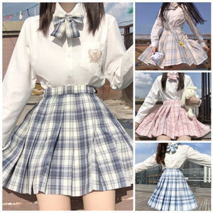 【サービス品】シャツ+チェック柄スカート+リボンタイ+インナー+ヘアバンド+ソックス6点セット「3」◆セットアップ XS、S、M、L、XL、XXL