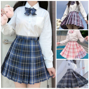 【サービス品】シャツ+チェック柄スカート+リボンタイ+インナー+ヘアバンド+ソックス6点セット「4」◆セットアップ XS、S、M、L、XL、XXL