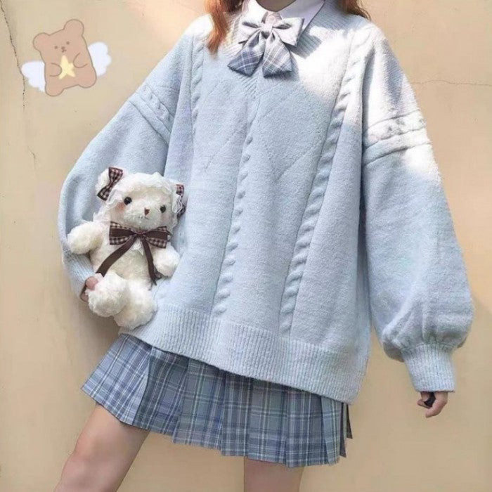 Vネックルーズニットセーター◆セーター 学生服 ワンサイズ