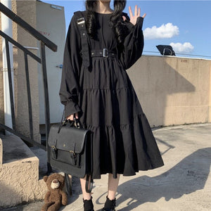 ベルト付ルーズブラックワンピース◆ワンピース S、M、L、XL
