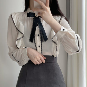 レースフリルシフォンブラウス◆トップス S、M、L、XL
