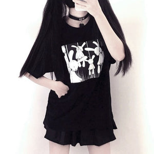 イラストプリントTシャツ暗黒うさぎver◆トップス Tシャツ M、XL