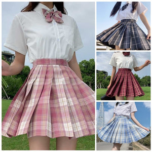 【サービス品】半袖シャツ+チェック柄スカート+リボンタイ+インナー+ヘアバンド+ソックス6点セット「1」◆セットアップ XS、S、M、L、XL、XXL