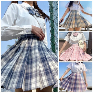 【サービス品】半袖シャツ+チェック柄スカート+リボンタイ+インナー+ヘアバンド+ソックス6点セット「3」◆セットアップ XS、S、M、L、XL、XXL