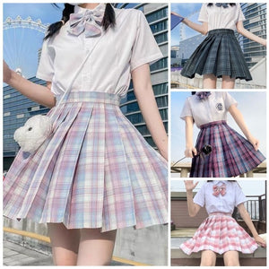 【サービス品】半袖シャツ+チェック柄スカート+リボンタイ+インナー+ヘアバンド+ソックス6点セット「4」◆セットアップ XS、S、M、L、XL、XXL