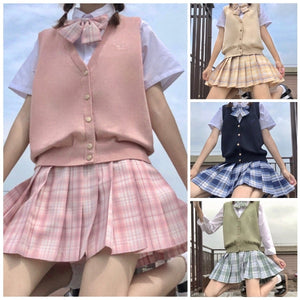 半袖シャツ+チェック柄スカート+リボンタイ+Vネックベスト4点セット(2)◆セットアップ S、M、L、XL