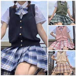 半袖シャツ+チェック柄スカート+リボンタイ+Vネックベスト4点セット(3)◆セットアップ S、M、L、XL