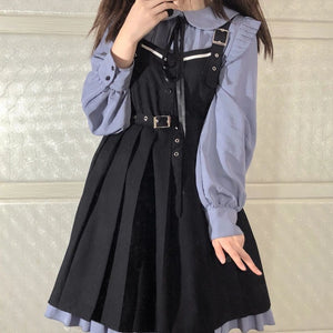 【期間限定40%OFF】ドールカラーボウタイワンピース+ブラックサスペンダースカート◆セットアップ S、M、L、XL