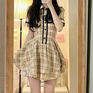 格子柄ケーキスカートワンピース◆ワンピース S、M、L、XL