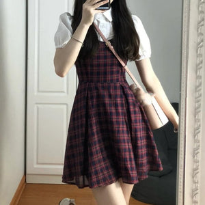 格子柄パフスリーブフェイクツーピース◆ワンピース S、M、L