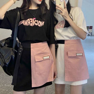 ロングTシャツ+ハーフスカートセットアップ(1)◆セットアップ S、M、L、XL