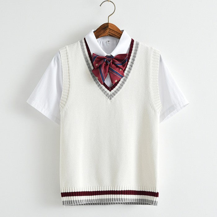 Vネックダブルラインニットベスト(1)◆ベスト 学生服 S、M、L、XL、XXL