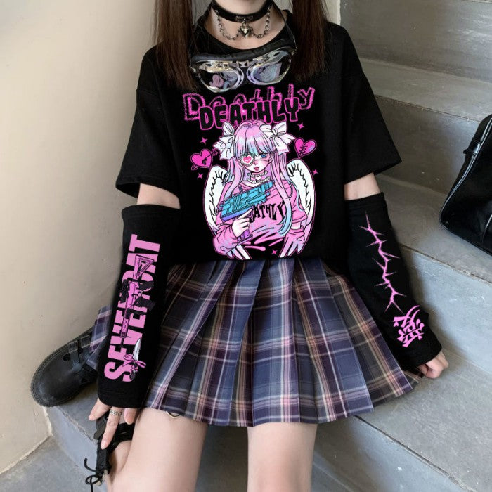 袖取り外し可イラストプリントTシャツDDver◆イラストTシャツ ガーリー系 S、M、L、XL、XXL