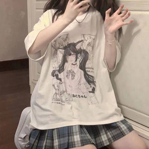 イラストプリントTシャツ猫娘ver◆トップス Tシャツ M、L、XL、XXL