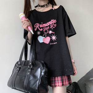 ワンショルダーストラップTシャツピンクキーver◆トップス Tシャツ M、L、XL、XXL