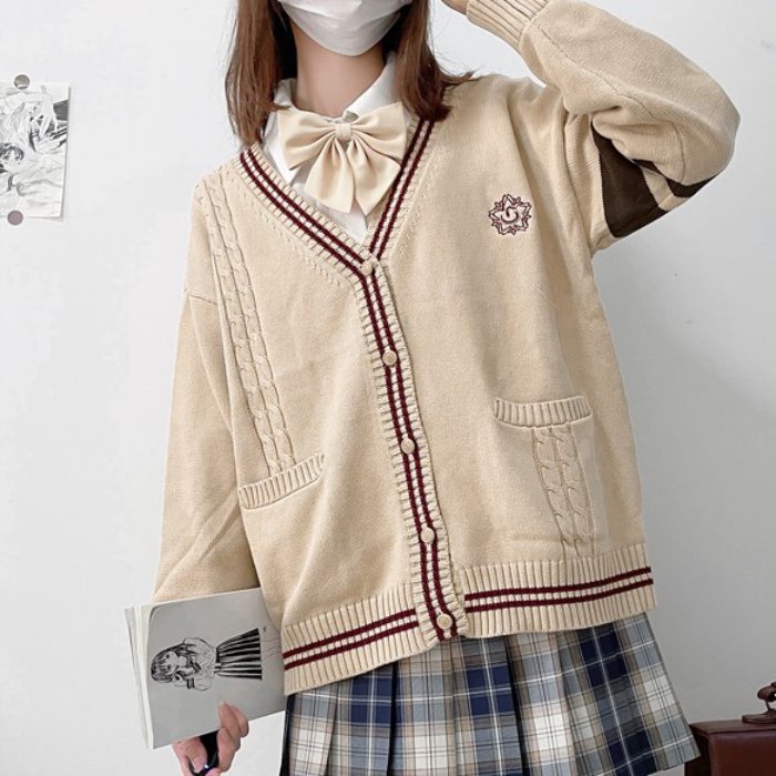 Vネックツイストニットカーディガン[6]◇カーディガン 学生服 S、M、L