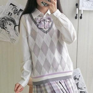 Vネック菱柄ニットベスト◆トップス S、M、L、XL