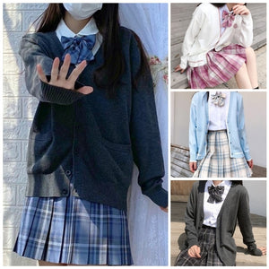 シャツ+チェック柄スカート+リボンタイ+カーディガン4点セット(38)◆セットアップ S、M、L、XL