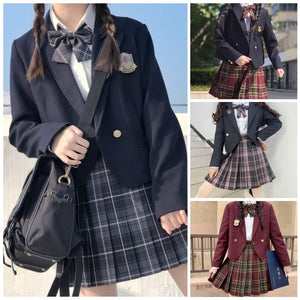 【期間限定30%OFF】チェック柄スカート+シャツ+リボンタイ+ショートブレザー4点セット『9』◆セットアップ XS、S、M、L、XL、XXL