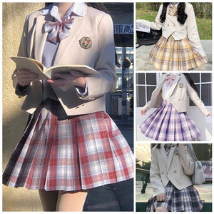 【期間限定30%OFF】チェック柄スカート+シャツ+ネクタイ+ホワイトブレザー4点セット『11』◆セットアップ XS、S、M、L、XL、XXL