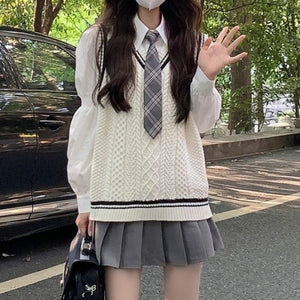 シャツ+プリーツスカート+ベスト+ネクタイ4点セット(61)◆セットアップ S、M、L、XL、XXL