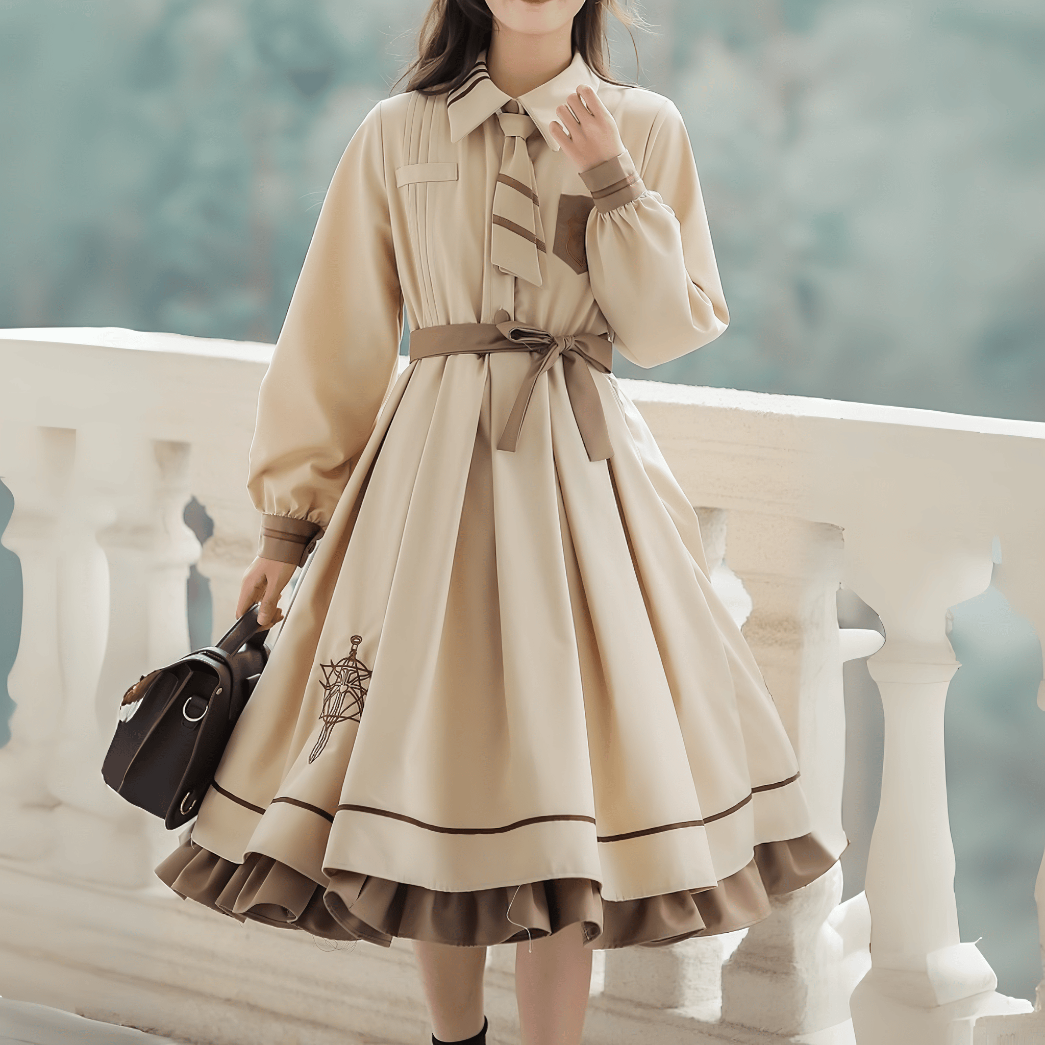 リボンベルト付刺繍入りプリーツワンピース+ネクタイセット