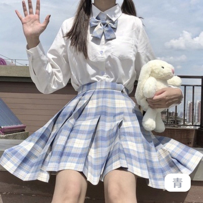 シャツ+チェック柄スカート+リボンタイ+インナー+ヘアバンド+ソックス6点セット「2」◆上下セット 学生服 XS、S、M、L、XL、XXL