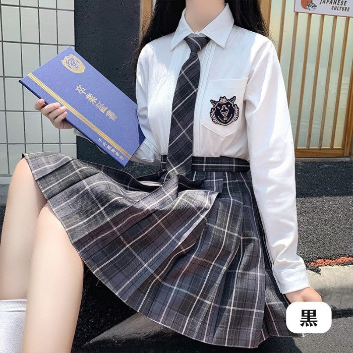 シャツ+チェック柄スカート+ネクタイ+リボンタイ4点セット「8」◆上下セット 学生服 XS、S、M、L、XL、XXL