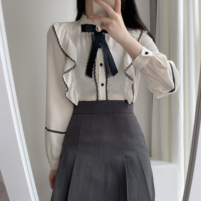 レースフリルシフォンブラウス◆ブラウス 量産型 S、M、L、XL