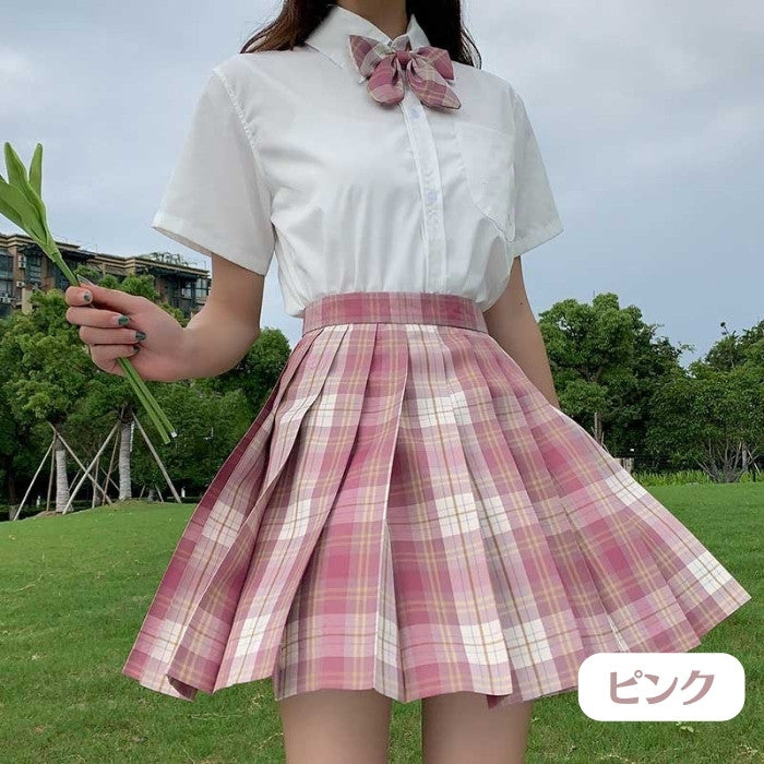 半袖シャツ+チェック柄スカート+リボンタイ+インナー+ヘアバンド+ソックス6点セット「1」◆上下セット 学生服 XS、S、M、L、XL、XXL