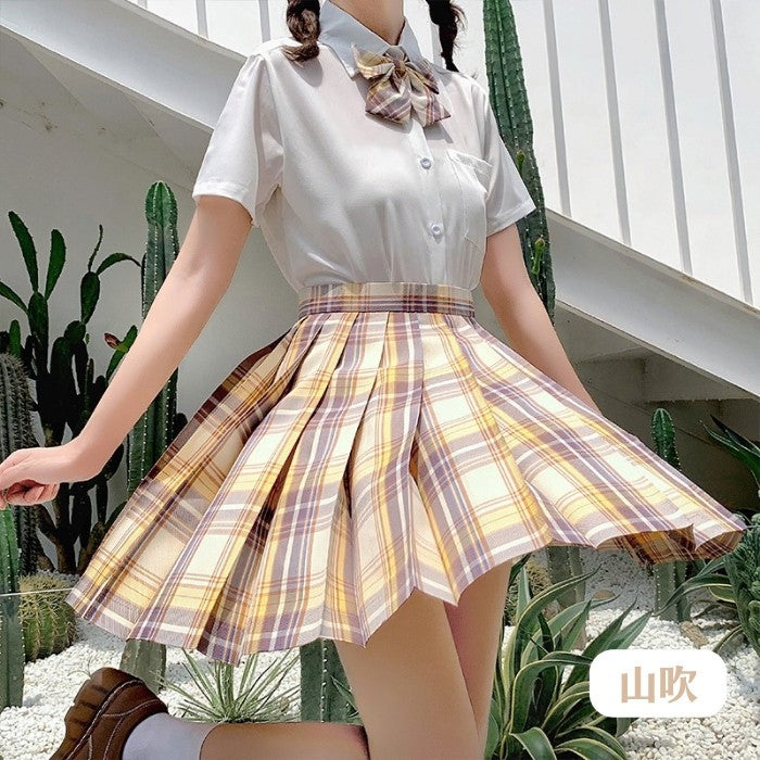 半袖シャツ+チェック柄スカート+リボンタイ+インナー+ヘアバンド+ソックス6点セット「2」◆上下セット 学生服 XS、S、M、L、XL、XXL
