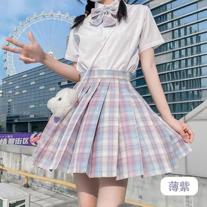 半袖シャツ+チェック柄スカート+リボンタイ+インナー+ヘアバンド+ソックス6点セット「4」◆上下セット 学生服 XS、S、M、L、XL、XXL