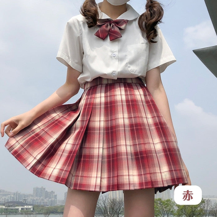 半袖シャツ+チェック柄スカート+リボンタイ+インナー+ヘアバンド+ソックス6点セット「5」◆上下セット 学生服 XS、S、M、L、XL、XXL