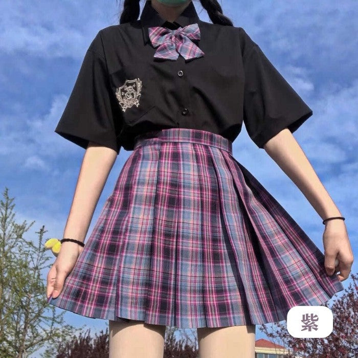 黒色シャツ+チェック柄スカート+リボンタイ3点セット「6」◆上下セット 学生服 XS、S、M、L、XL