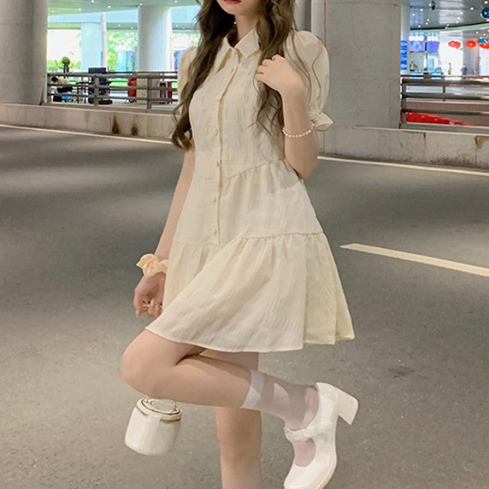パフスリーブプリーツシャツワンピ◆ミニワンピ 大人ガーリー系 S、M、L、XL