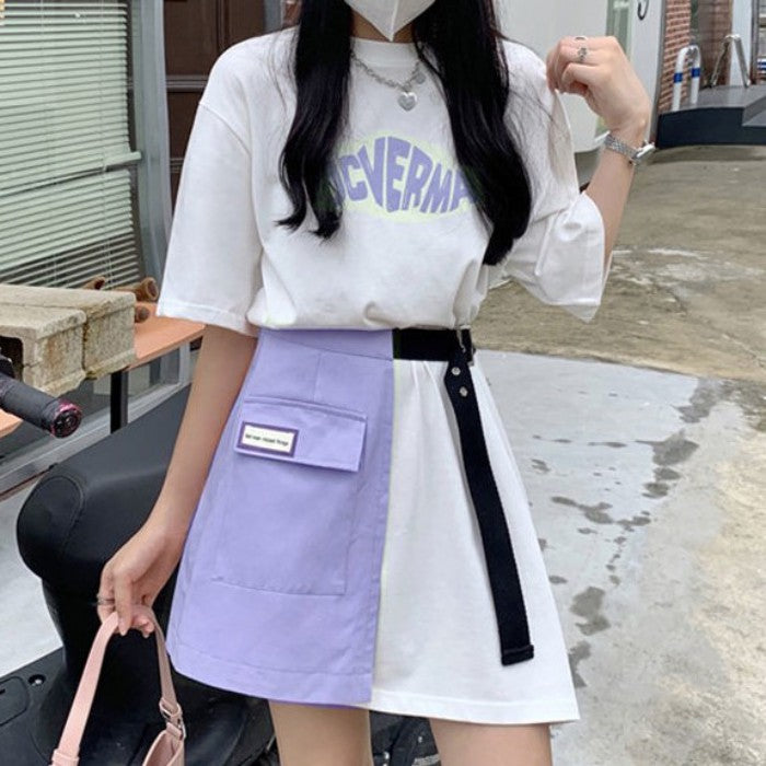 ロングTシャツ+ハーフスカートセットアップ(2)◆上下セット ガーリー系 S、M、L、XL、XXL