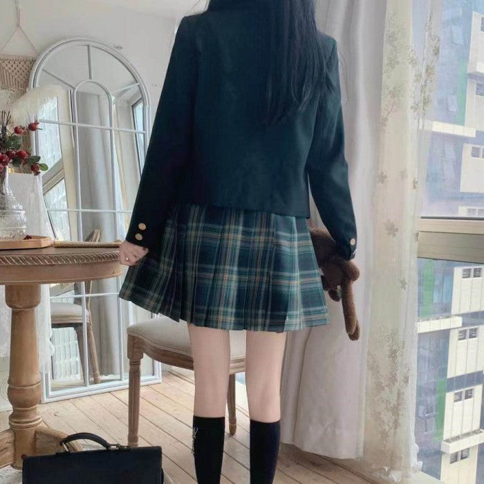 チェック柄スカート+シャツ+リボンタイ+ショートブレザー4点セット『8』◆ブレザーセット 学生服 XS、S、M、L、XL、XXL