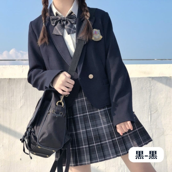 チェック柄スカート+シャツ+リボンタイ+ショートブレザー4点セット『9』◆ブレザーセット 学生服 XS、S、M、L、XL、XXL
