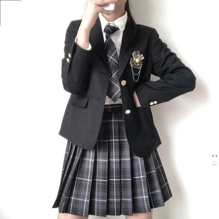 チェック柄スカート+シャツ+ネクタイ+ブレザー4点セット『10』◆ブレザーセット 学生服 XS、S、M、L、XL、XXL