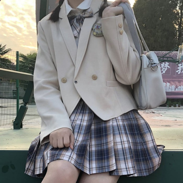 チェック柄スカート+シャツ+ネクタイ+ホワイトブレザー4点セット『11』◆ブレザーセット 学生服 XS、S、M、L、XL、XXL