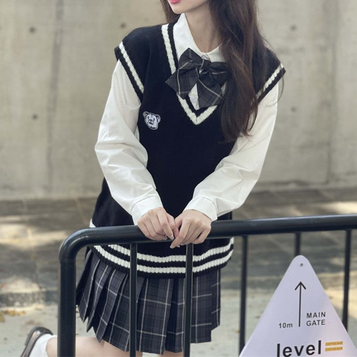 シャツ+チェック柄スカート+リボンタイ+ベスト4点セット(43)◆ベストセット 学生服 S、M、L、XL、XXL
